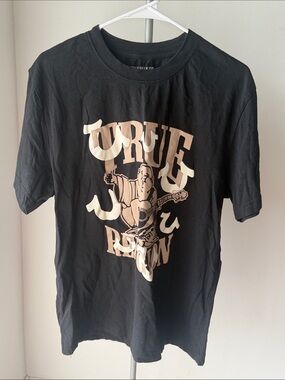 True Religion Black Tee with Cream Graphic Buddha Guitar